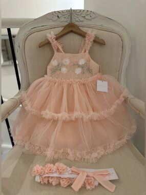 🩰 3T Shabby Chic Peachy~Pink Soft Layered Tulle Flower Girl Dress & Pearls NWT